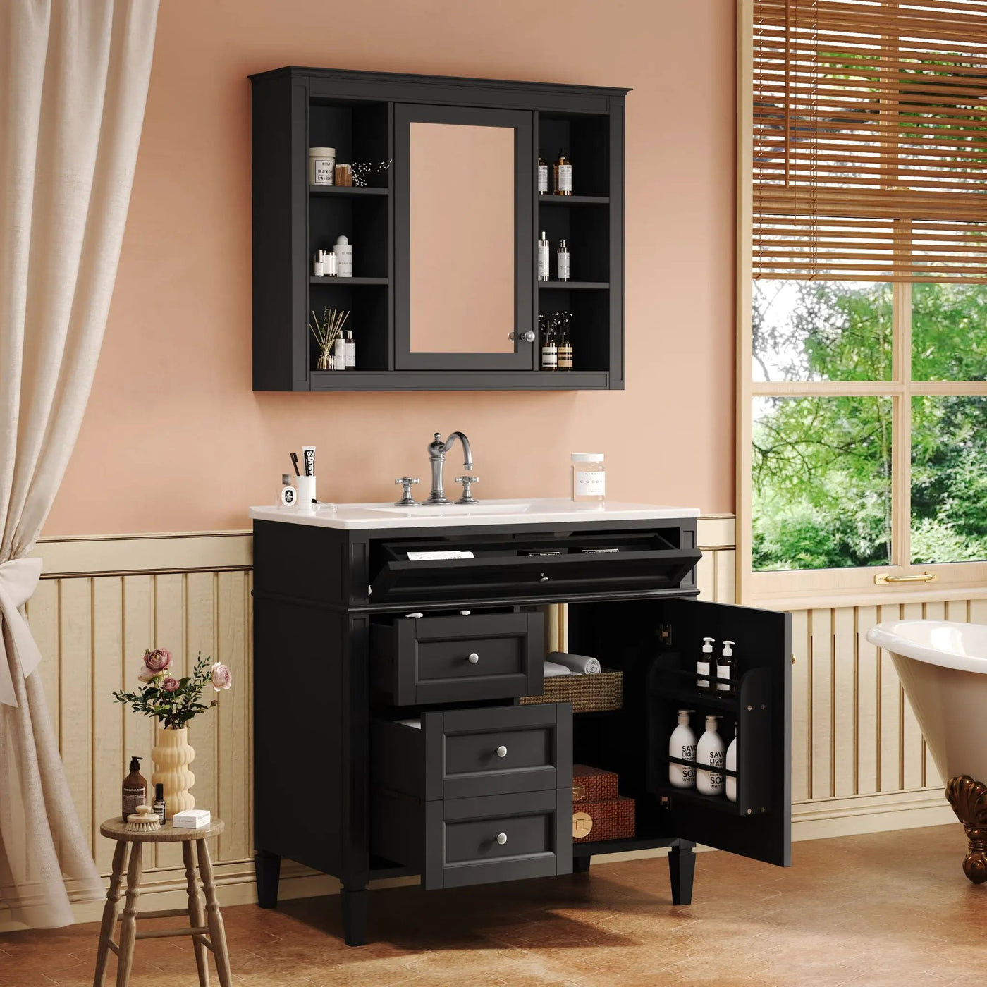 Bathroom Vanity With Mirror Cabinet, Single Sink With 2 Soft Closing Doors And 4 Drawers by HouseOfZazla