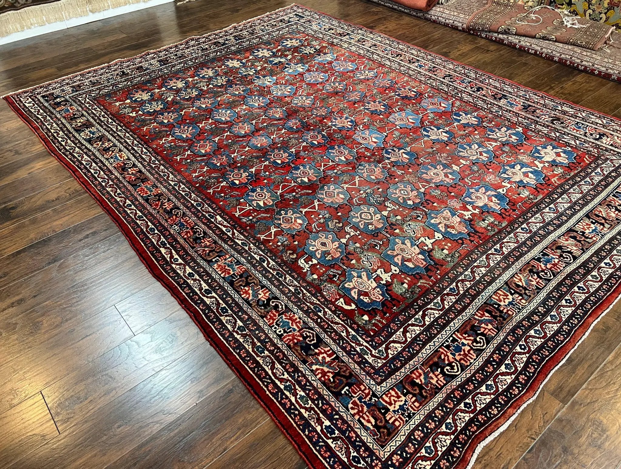 Antique Persian Bijar Rug 9x12 - Allover Motif, Red & Blue by Jewel Rugs