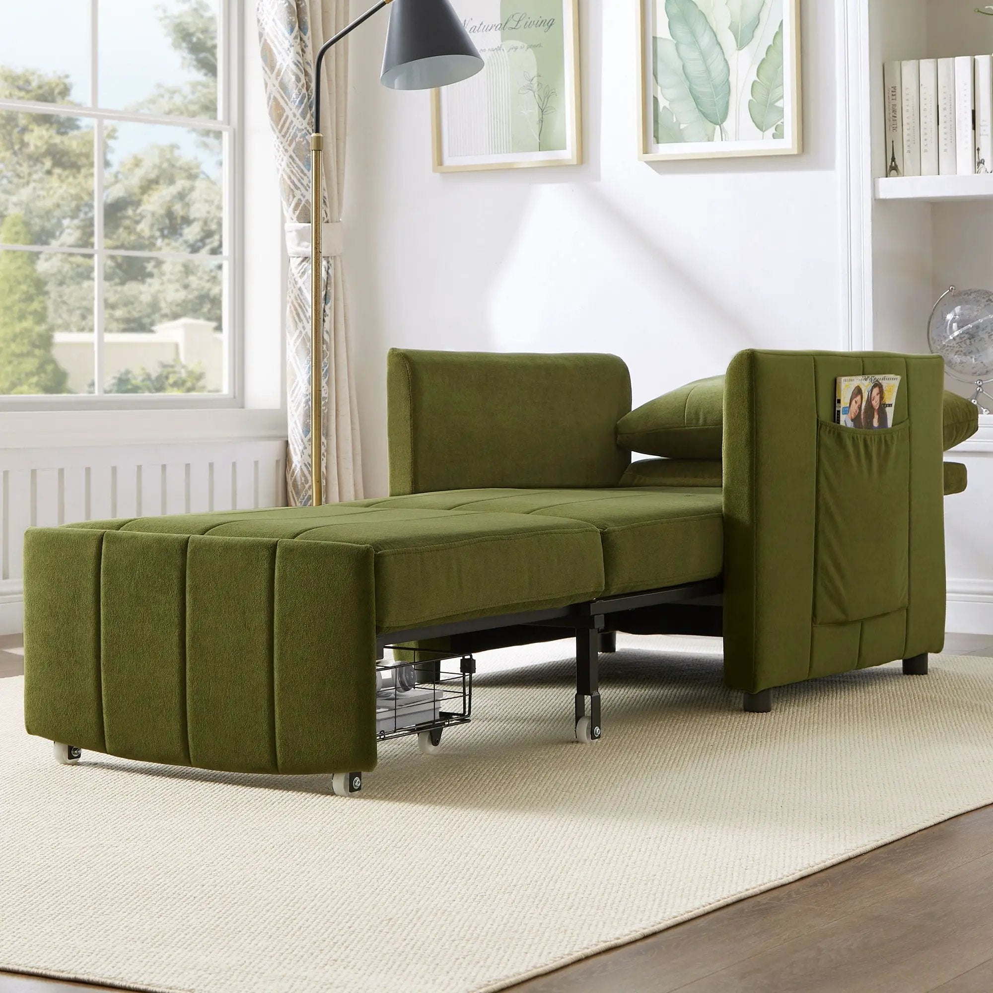 Upholstered Convertible Sleeper Sofa With 5 Position Backrest, Side Pockets, Storage
