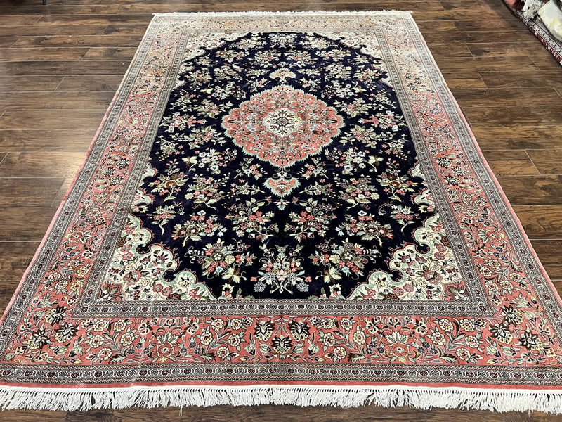 Stunning Silk Persian Qum Rug 7x9, Finely Hand Knotted Navy Blue & Salmon Floral Medallion Authentic Oriental Carpet, Vintage Handmade Silk Ghom Rug, Silk on Silk by Jewel Rugs