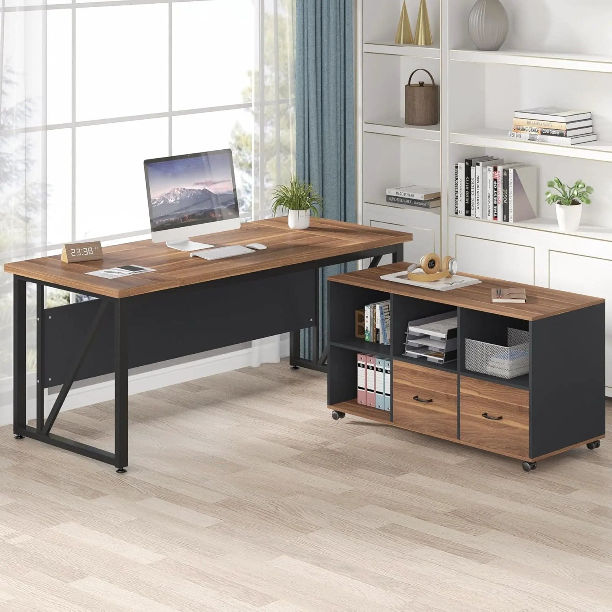 L-Shaped Executive Desk With Mobile File Cabinet, Large Home Office Workstation With Drawers And Shelves - Brown / Black by HouseOfZazla