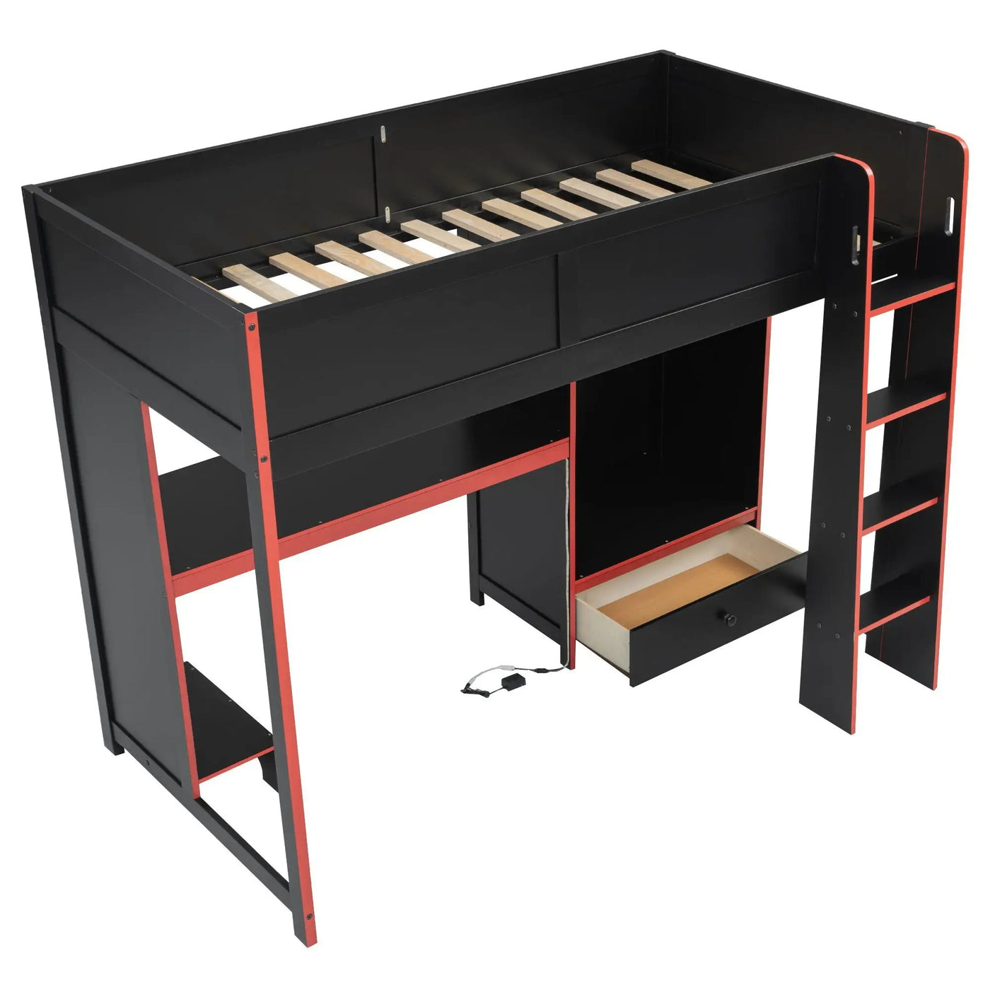 Gaming Loft Bed With Built In Desk, Wardrobe, LED Lighting And Drawer by HouseOfZazla