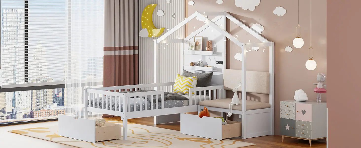House Bed With Upholstered Sofa, Wireless Charging Station, Shelves And 2 Drawers by HouseOfZazla