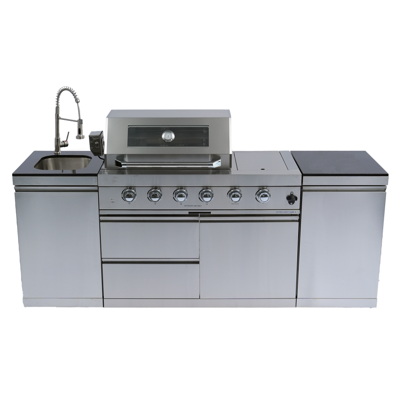 NG 85" 4-Burner 72,000 BTU Silver Outdoor Kitchen Island Grill + Side B & Storage Cabinets & Sink by Chery Industrial