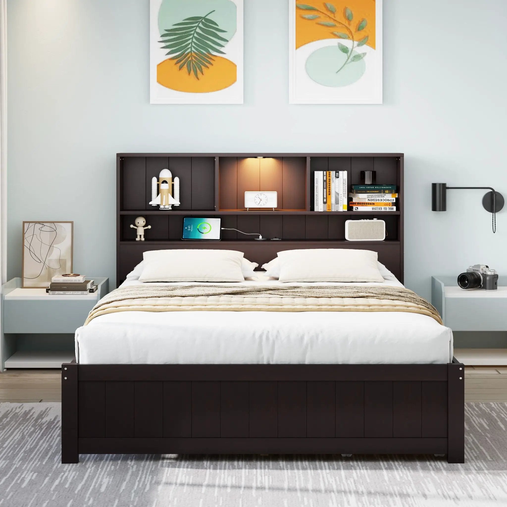 Platform Bed With Bookcase Headboard, Built-In Downlight, Charging Station, And 2 Side Drawers by Unique Piece Furniture