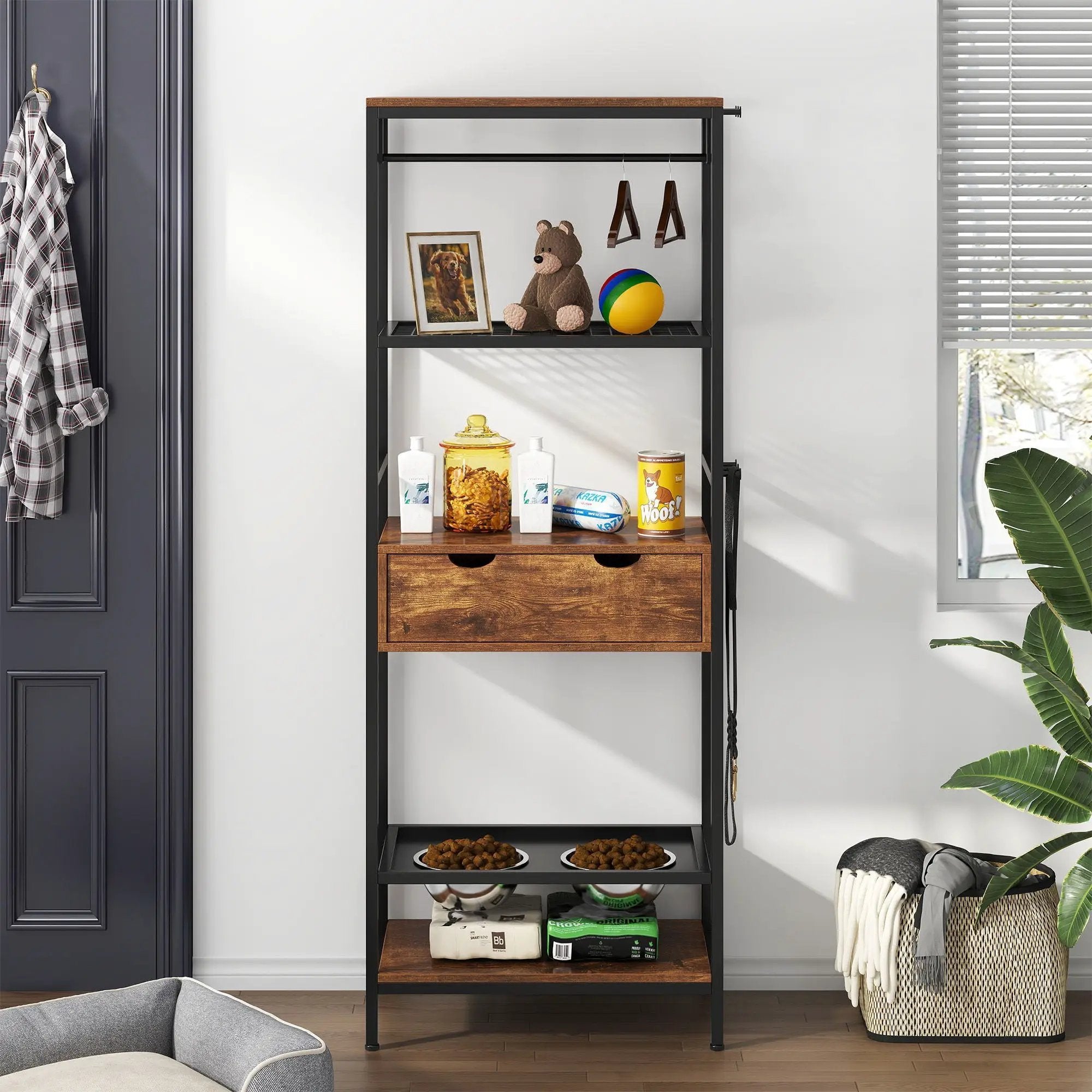 Dog Feeding Station, 3 Height Adjustable Raised Dog Bowls, Dog Feeder Station For Large Medium Dogs Cats, Dog Storage With Shelves - Black / Dark Brown by Unique Piece Furniture