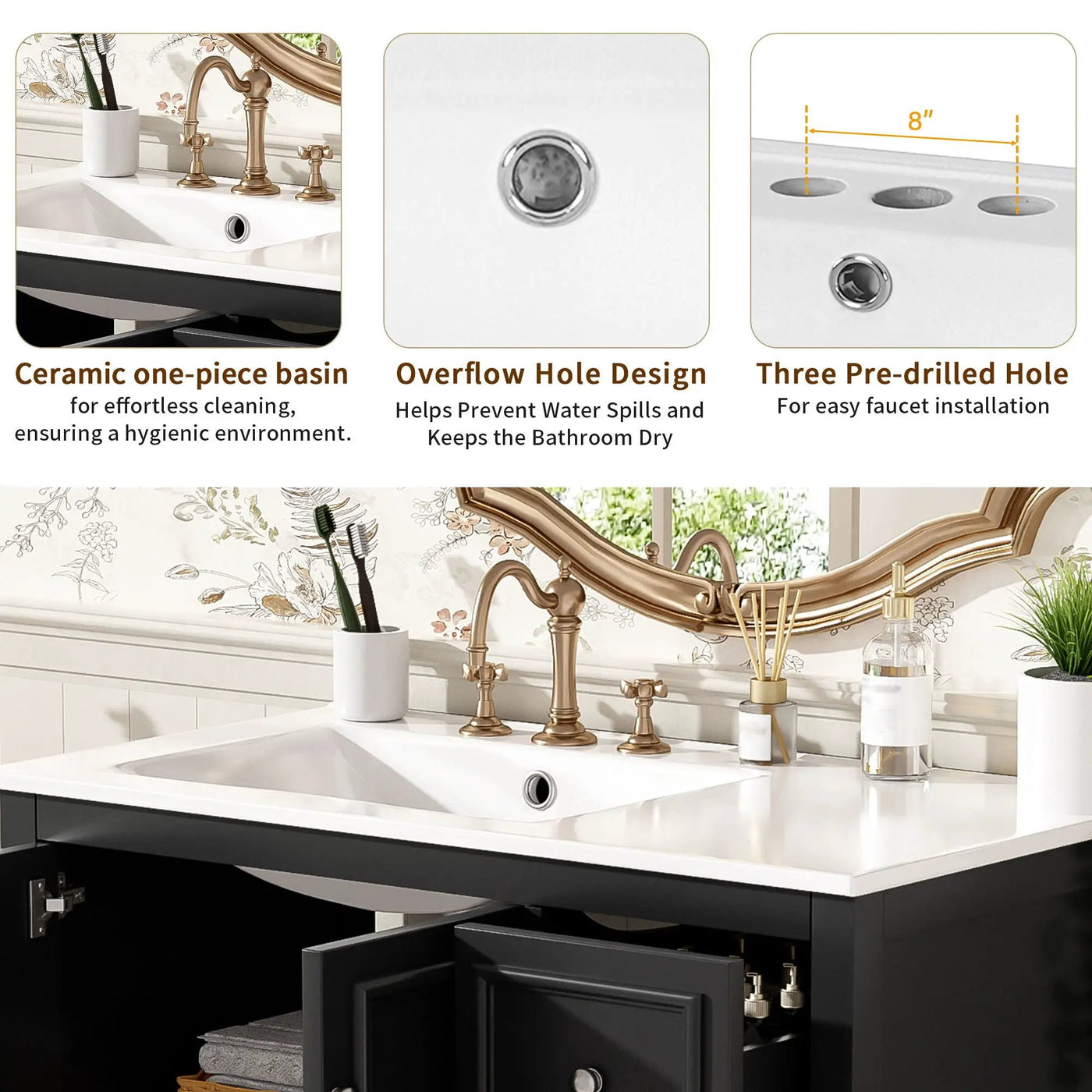 Bathroom Vanity With Sink, Soft-Close Doors, Adjustable U-Shelf, 3 Drawers by HouseOfZazla