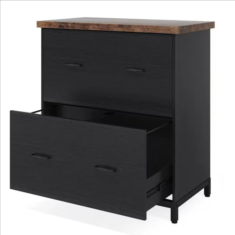 2 Drawer Lateral File Cabinet, A4 / Letter Size, Heavy Duty Storage For Home Office - Brown / Black by HouseOfZazla