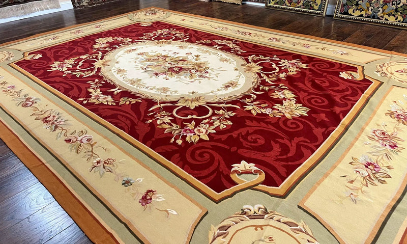 Large Aubusson Rug 10x14, Wool Handmade Vintage Carpet, Dark Red Ivory Tan, French European Elegant Aubusson Weave Rug by Jewel Rugs