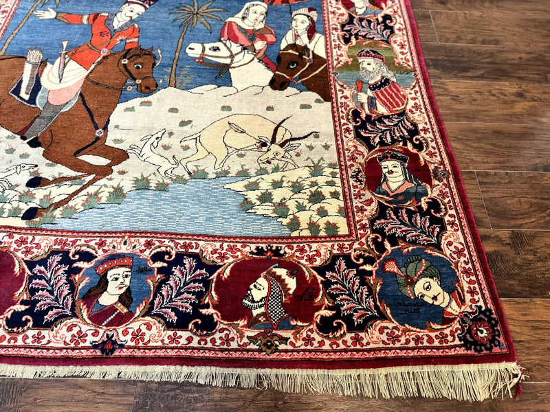 Rare Persian Kashan Pictorial Rug 6x9, King Bahram Hunting Scene, Persian Kings, Hand Knotted Persian Rug for Wall Hanging, Antique, Wool by Jewel Rugs