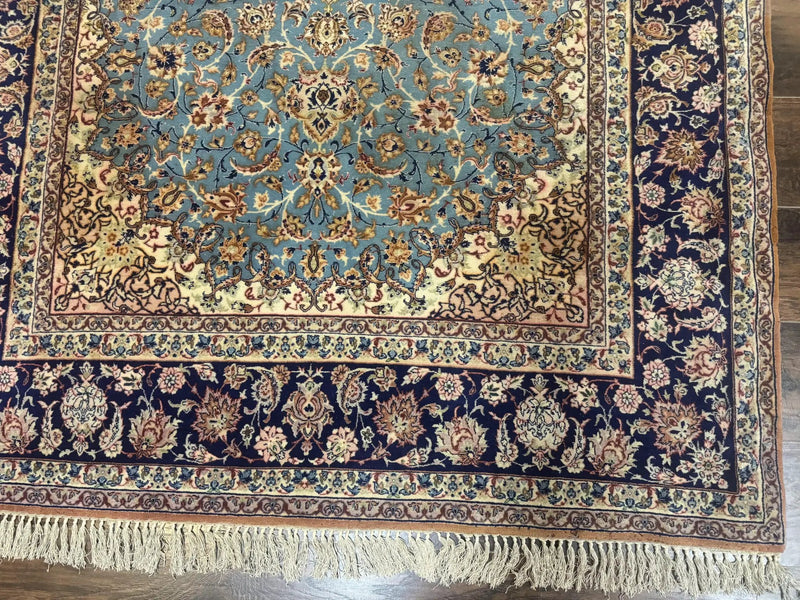Light Blue Persian Isfahan Rug 5x8, Floral Medallion, Wool on Silk Foundation, Very Fine 530 KPSI, Handmade Carpet by Jewel Rugs