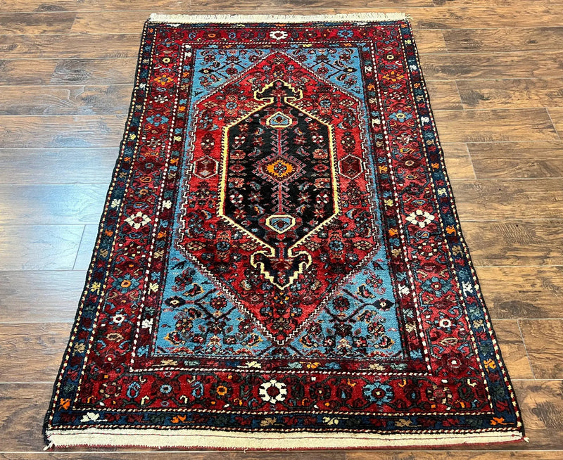 Antique Persian Tribal Rug 4x7, Wool Handmade 1920s Carpet, Red Blue, Persian Hamadan Rug by Jewel Rugs