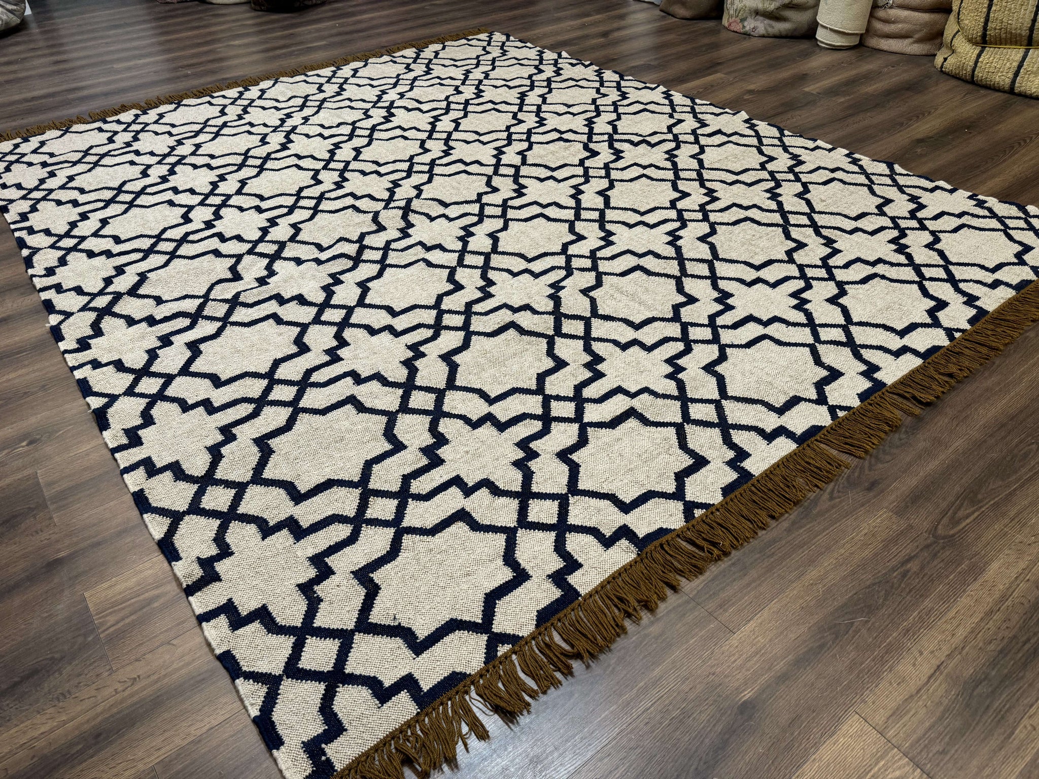 Indian Kilim Rug 8x10, Oat and Navy Blue, Dhurrie Carpet, Handmade, Wool by Jewel Rugs