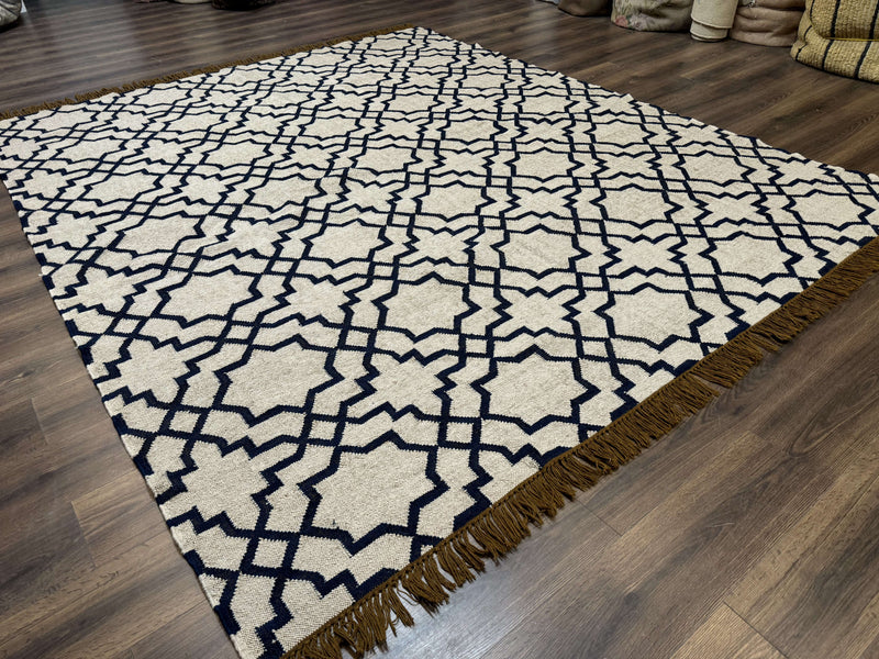 Indian Kilim Rug 8x10, Oat and Navy Blue, Dhurrie Carpet, Handmade, Wool by Jewel Rugs