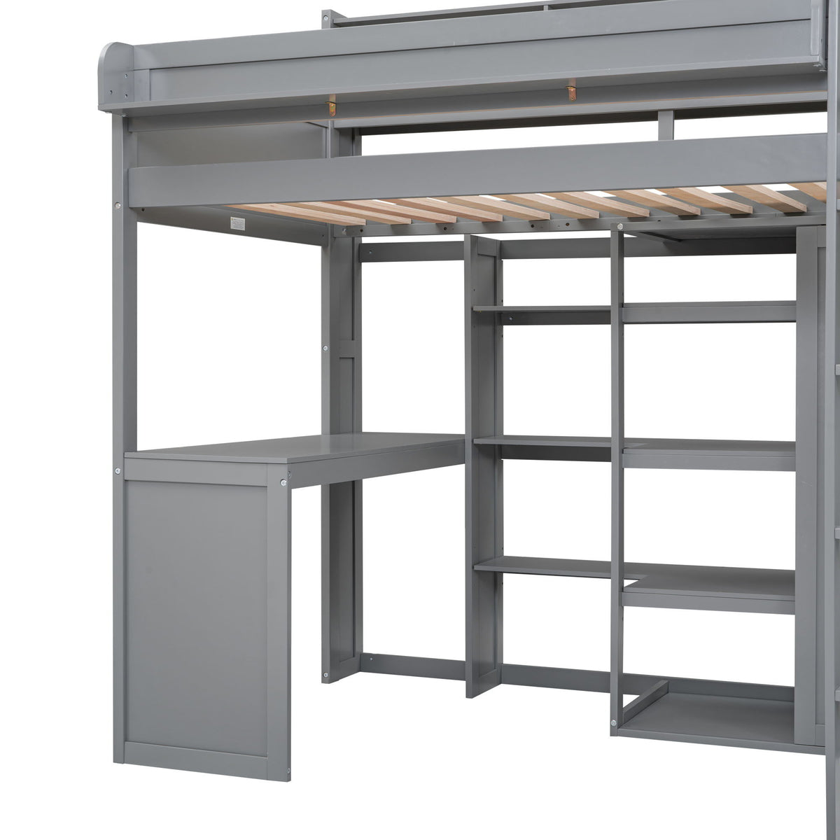 Twin Loft Bed with Built-In Desk, Storage Shelves & Wardrobe - Wood Frame, photo 25 of 26