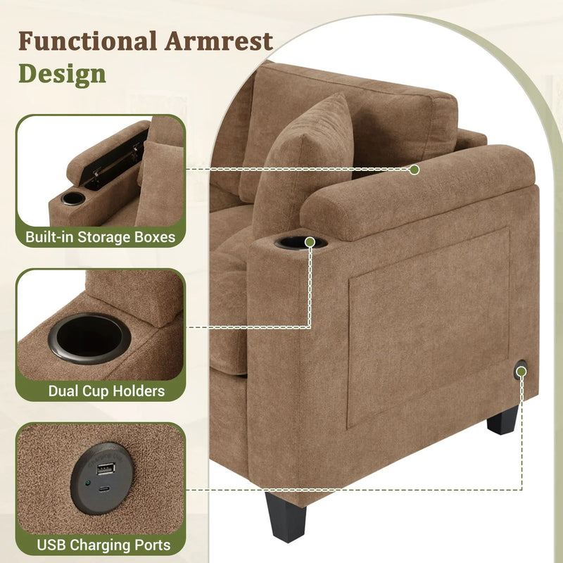U Shaped Sectional Sofa, Corner Living Room Couch With Built In Cup Holders, Storage, USB Ports by Unique Piece Furniture