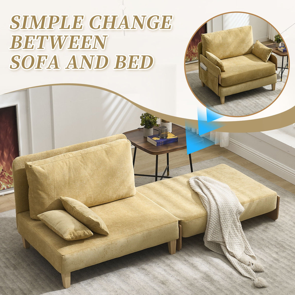 Mid Century Modern Foldable Sofa Bed, 3 In 1 Convertible Sleeper With 3 Pillows, photo 34 of 35