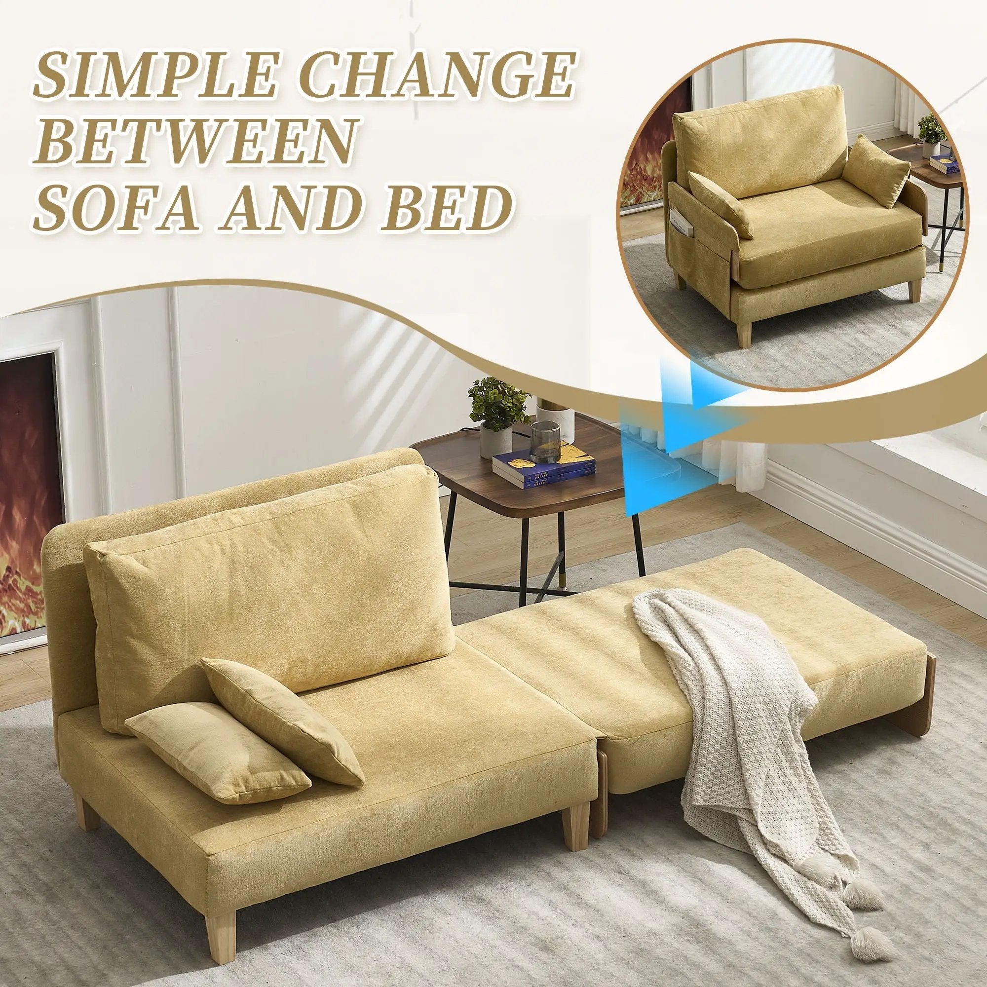 Mid Century Modern Foldable Sofa Bed, 3 In 1 Convertible Sleeper With 3 Pillows by Unique Piece Furniture