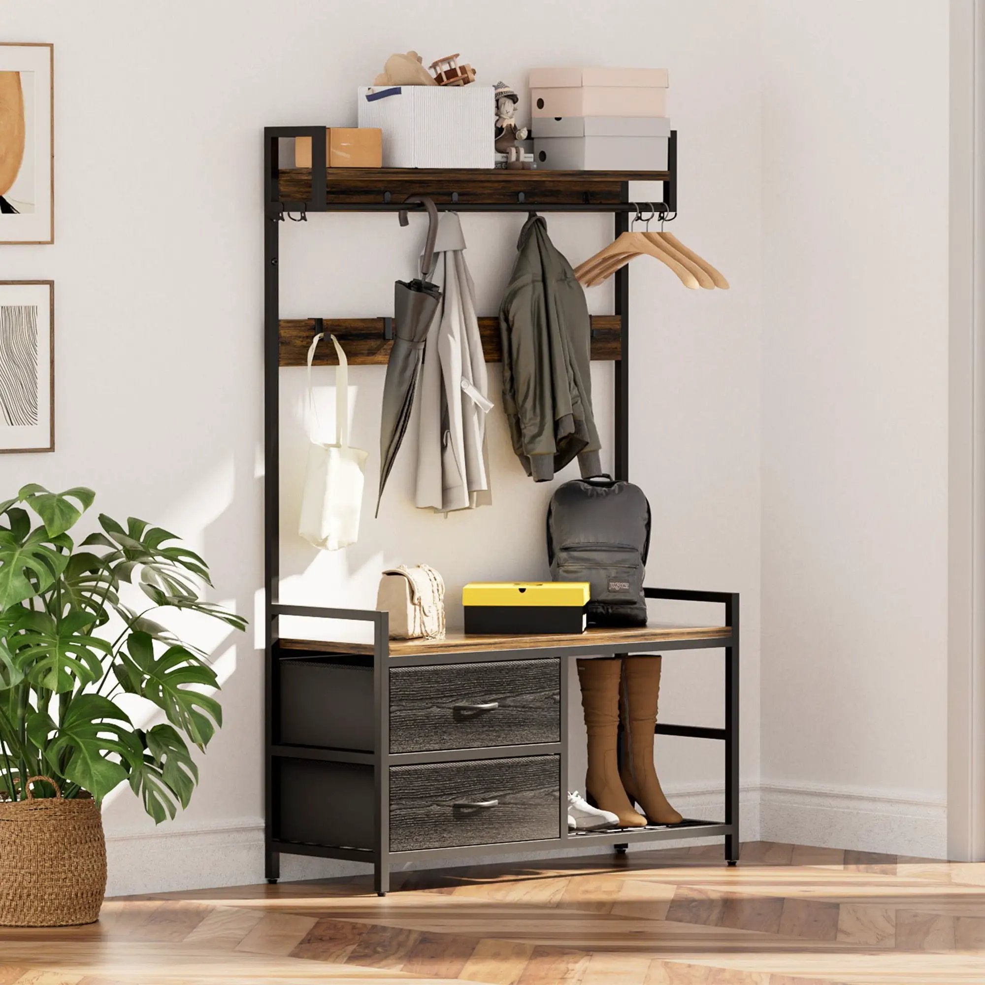Hall Tree With 2 Movable Drawers, Shoe Storage, Shelves, Garment Racks, And 23 Hooks For Entryway - Rustic Brown by HouseOfZazla
