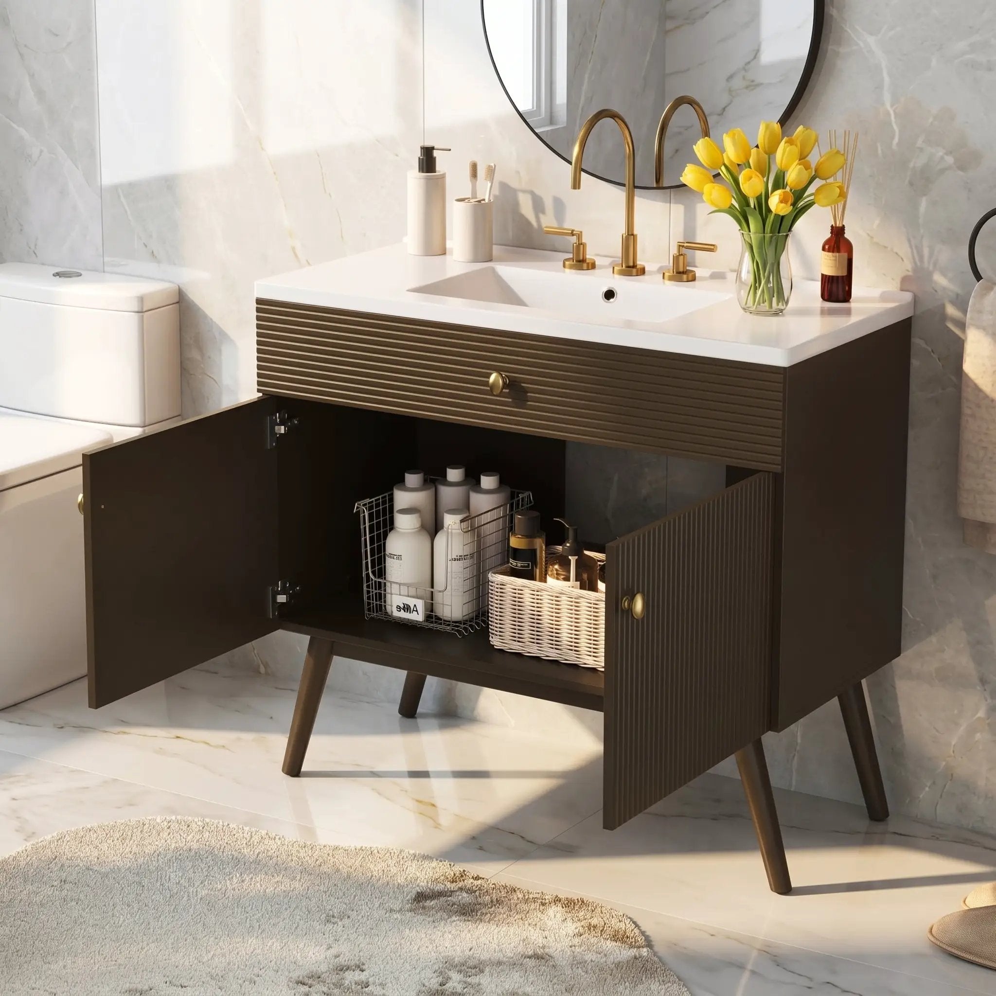 36" Luxury Striped Bathroom Vanity, Soft-Close Dual-Door Storage & Premium Ceramic Sink by HouseOfZazla