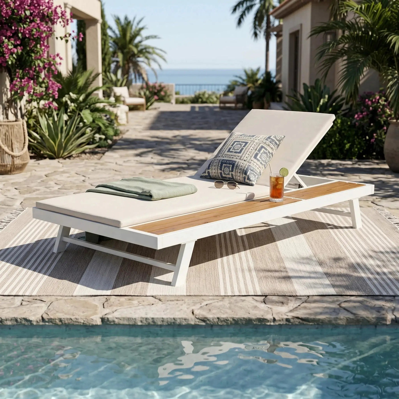 White Iron + Teak Finish Outdoor Chaise Lounge Set by HouseOfZazla