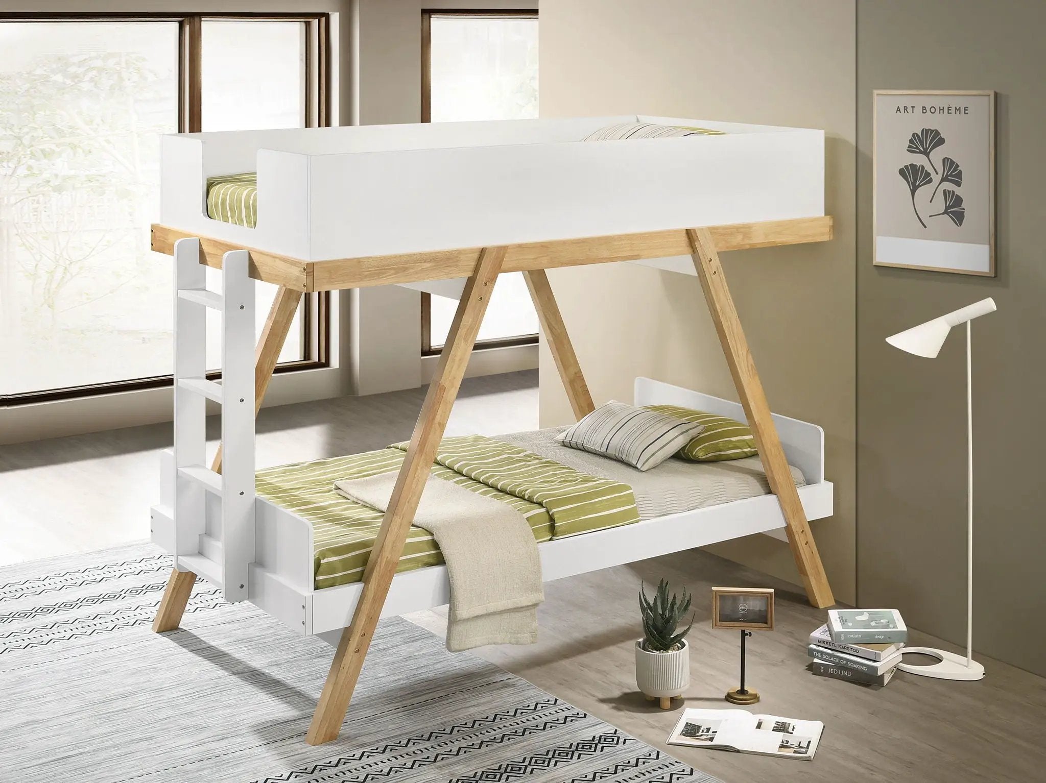 Frankie Wood Twin Over Twin Bunk Bed White and Natural by Unique Piece Furniture