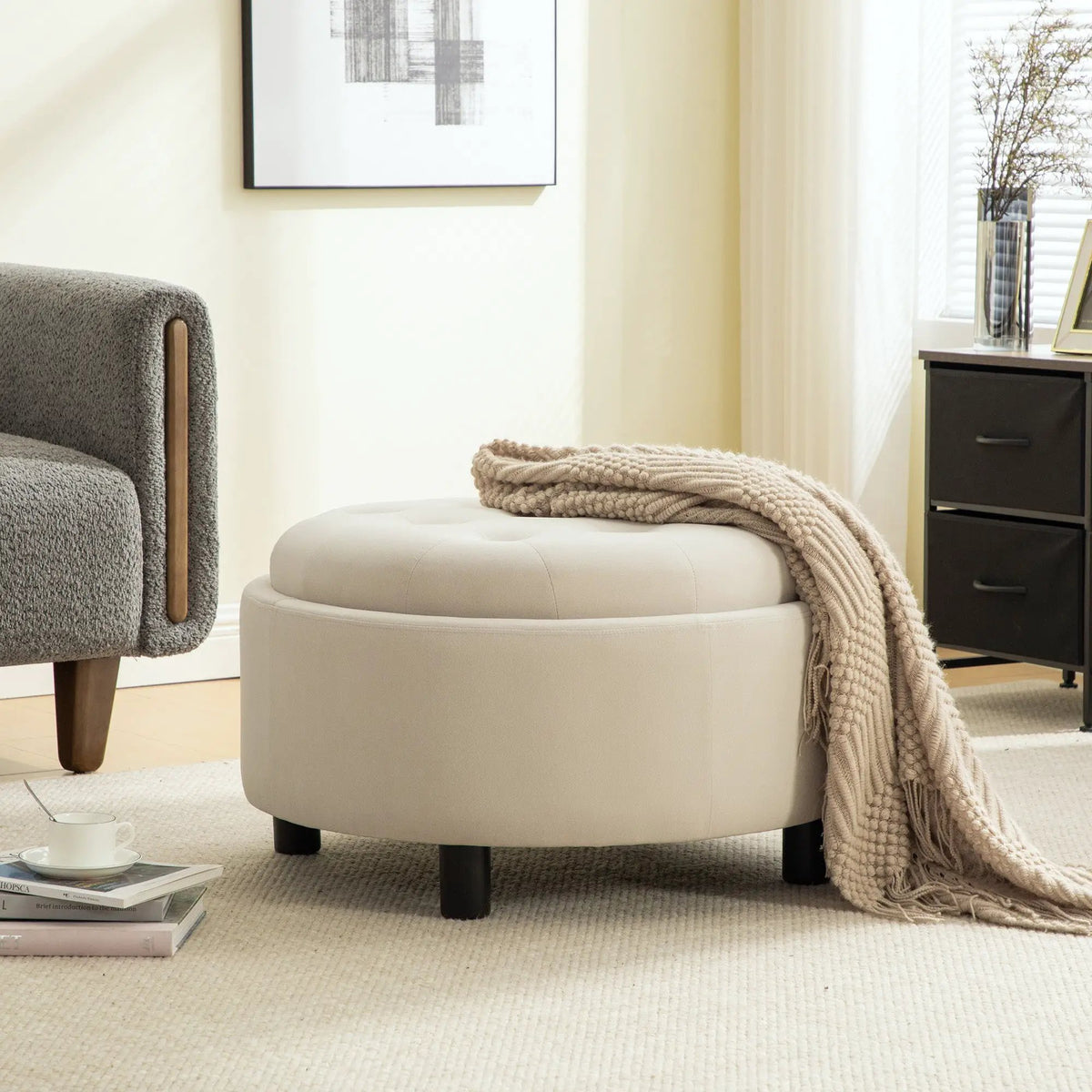 29.33"W Upholstered Round Ottoman With Reversible Lid by HouseOfZazla