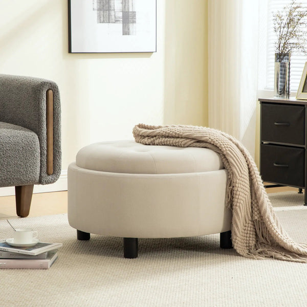29.33"W Upholstered Round Ottoman With Reversible Lid