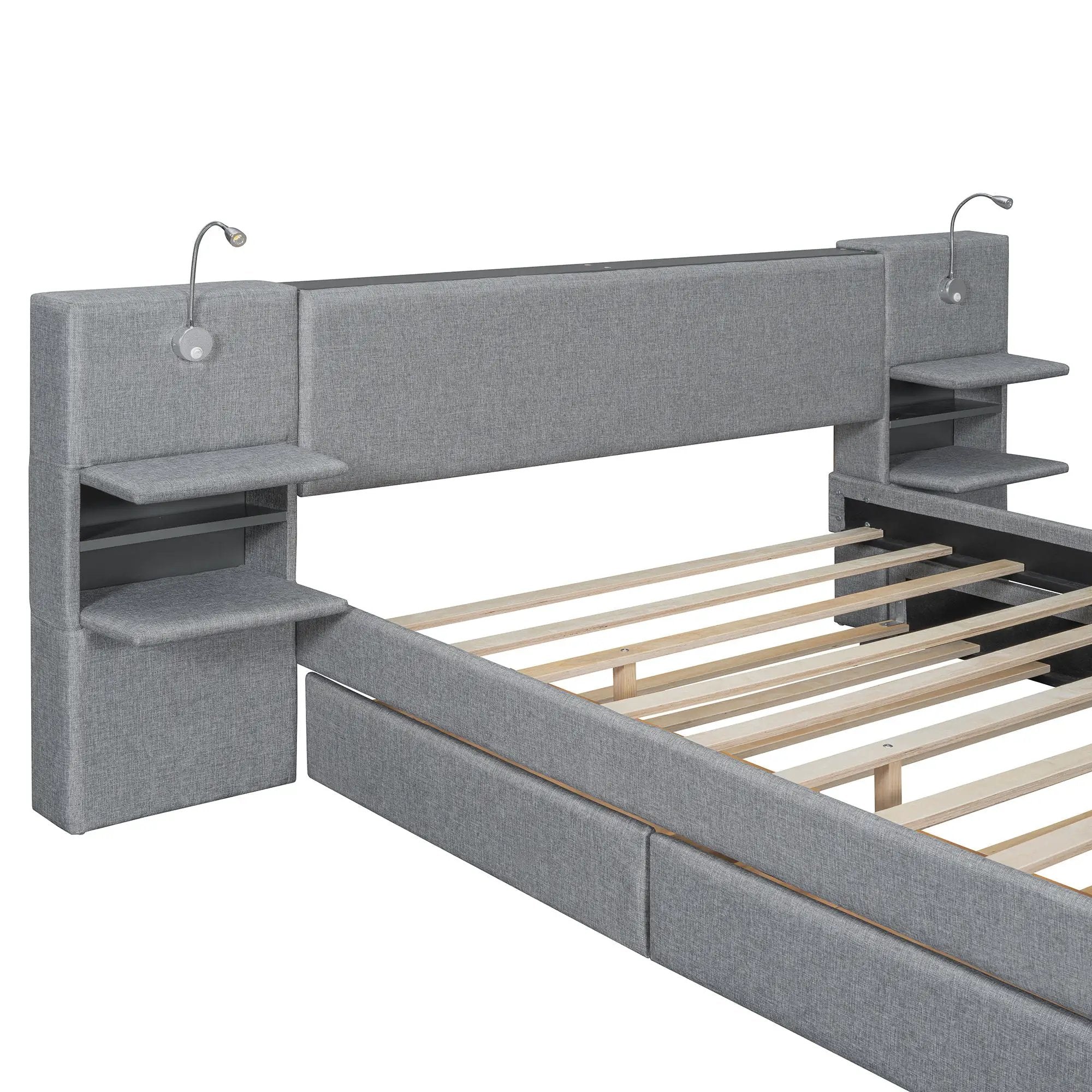 Upholstered Platform Bed With Reading Lights, Drawers, Trundle And Shelves by HouseOfZazla