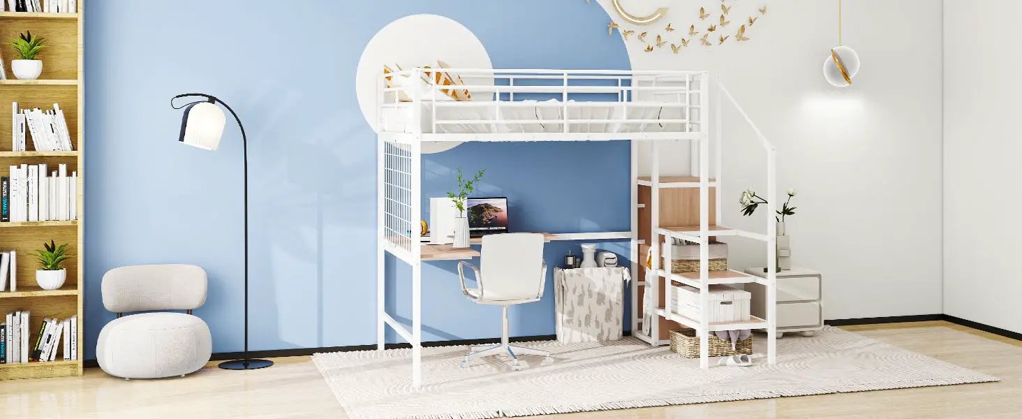 Loft Bed With Desk And Grid, Stylish Frame With Lateral Storage Ladder And Wardrobe by HouseOfZazla