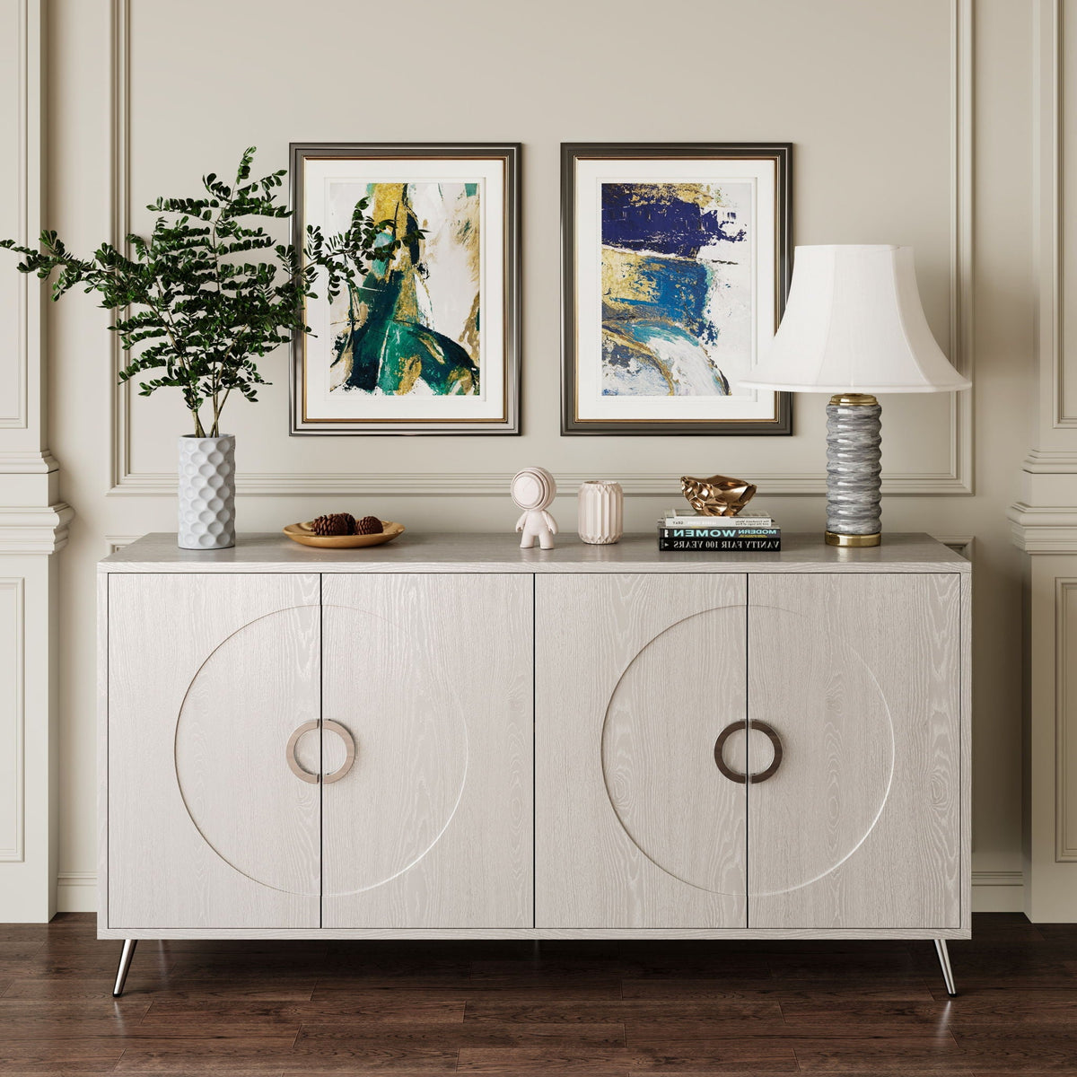 Modern Lacquered 4 Door Wooden Sideboard with Adjustable Shelves - Pearl Silver, Blue, Black