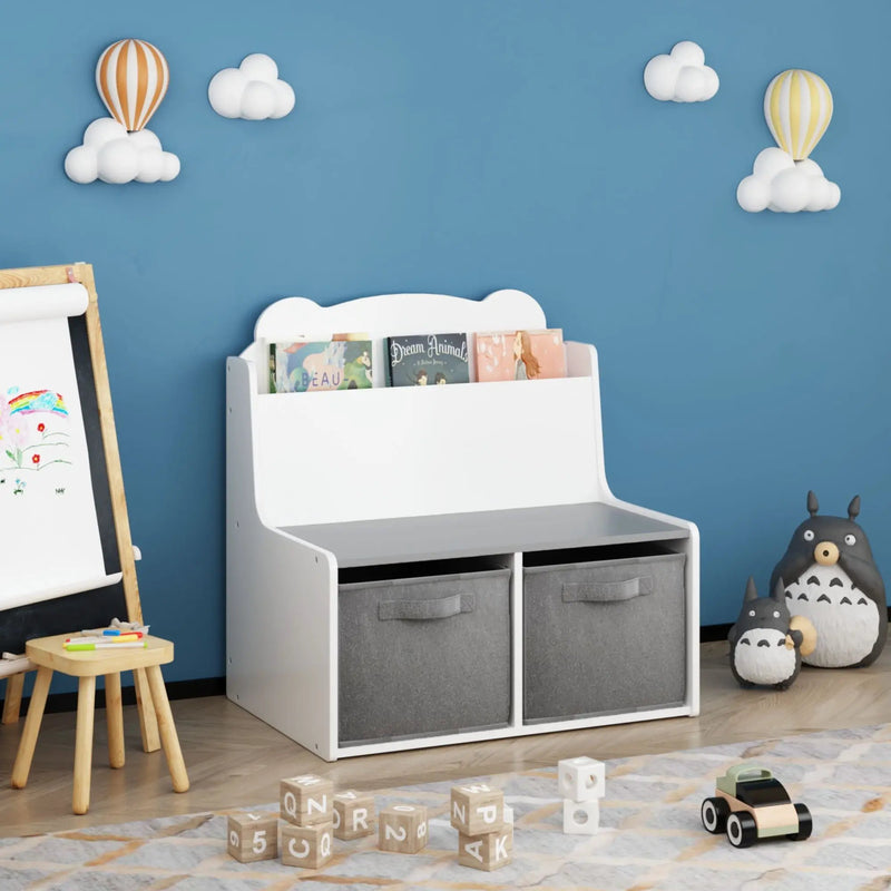 Bookshelf With Storage Bins, Bookcase With Book Display Shelf And 2 Bins, Cute Bear Shaped Backboard, Toy Organizer - White by HouseOfZazla