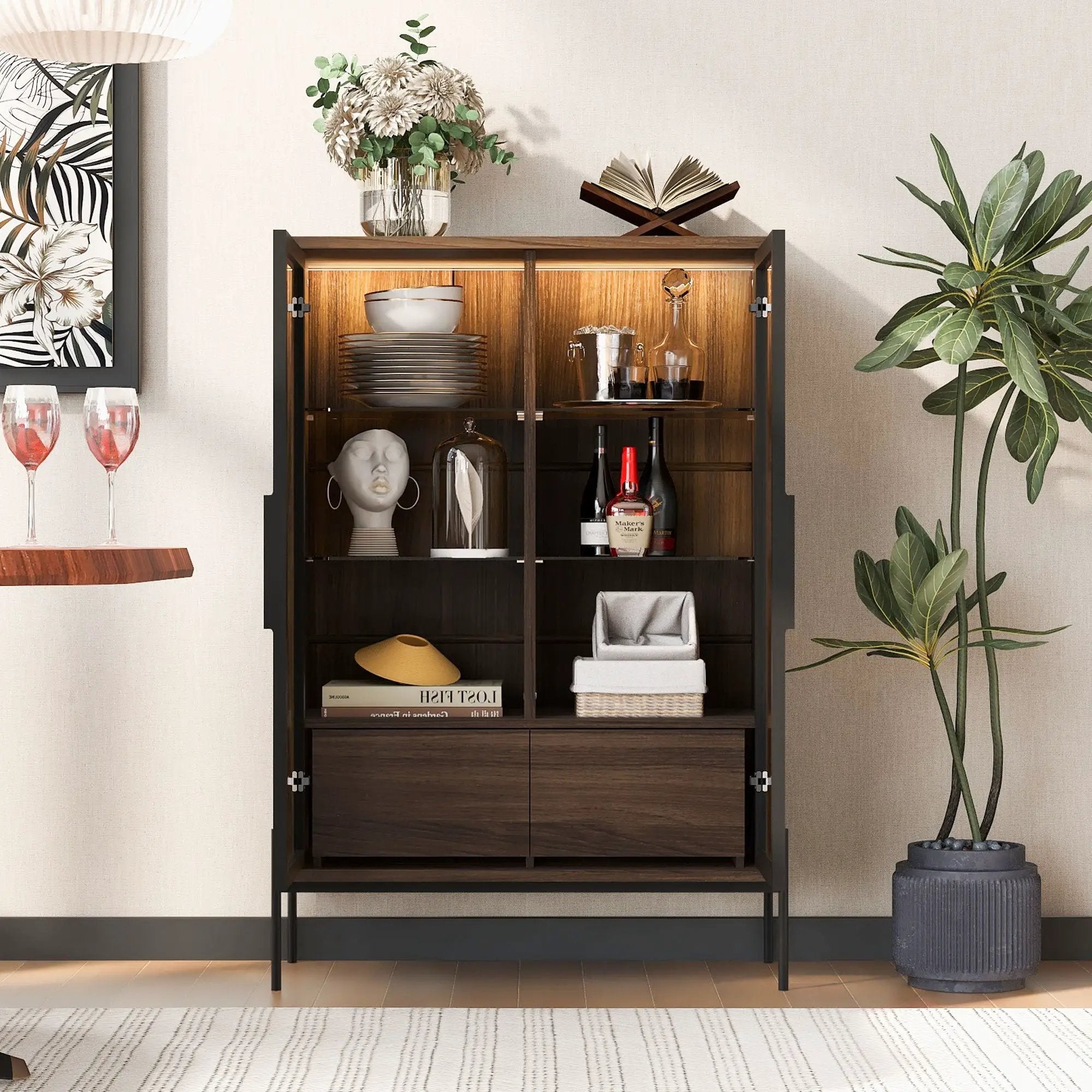 Modern Minimalist Style LED Curio Cabinet With Tempered Glass Door, Metal Legs by Unique Piece Furniture