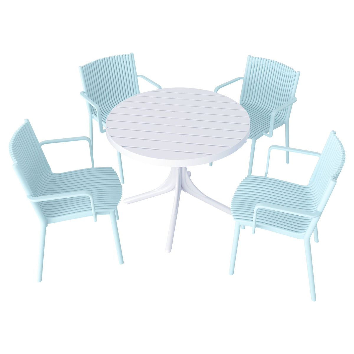 4 Modern Stackable Plastic Armchair Set with Round Table - Light Blue or Dark Gray, photo 30 of 31