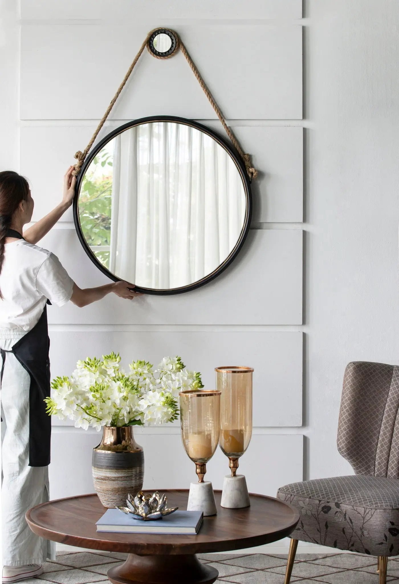 Handsome Cleveland Mirror With Rope Strap Contemporary Design Circle Mirror With Round Metal Frame For Wall Decor by HouseOfZazla