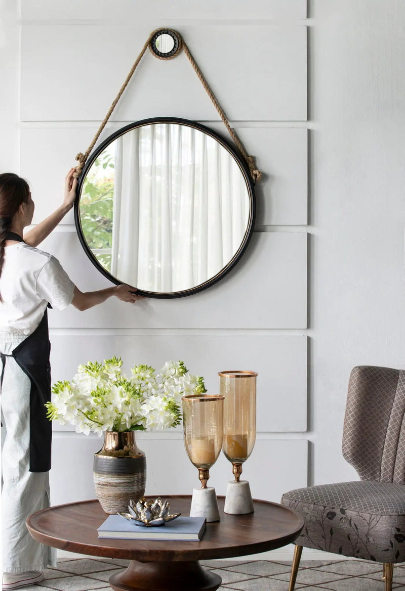 Handsome Cleveland Mirror With Rope Strap Contemporary Design Circle Mirror With Round Metal Frame For Wall Decor by Unique Piece Furniture