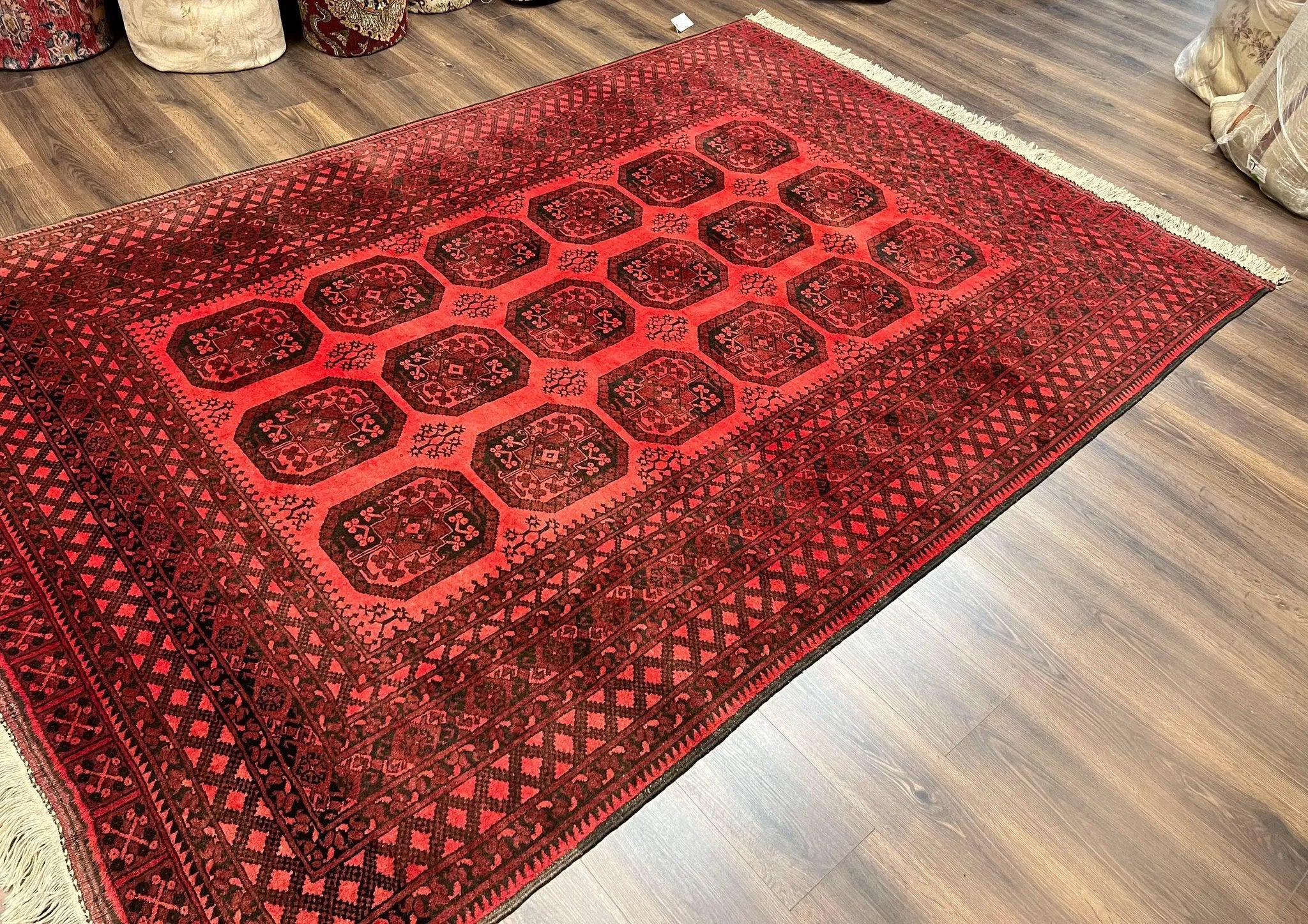 Afghan Turkoman Rug 7x10, Vintage Yamud Beshir Bokhara Carpet, Red and Black Bukhara Hand-Knotted Oriental Wool Handmade Rug, Elephant Foot by Jewel Rugs