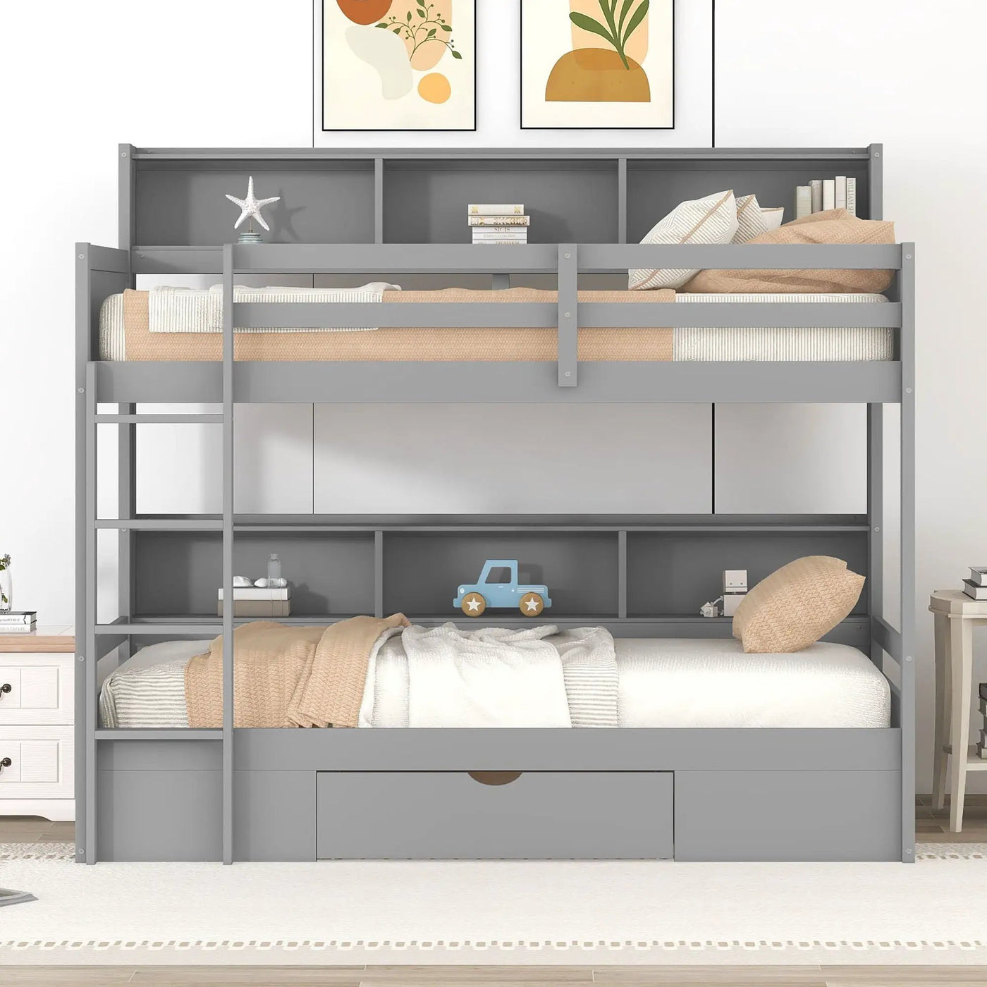 Twin Size Bunk Bed With Built-In Shelves Beside Both Upper And Down Bed And Storage Drawer by HouseOfZazla