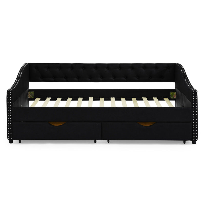 Upholstered Tufted Daybed With 2 Drawers, Waved Arms