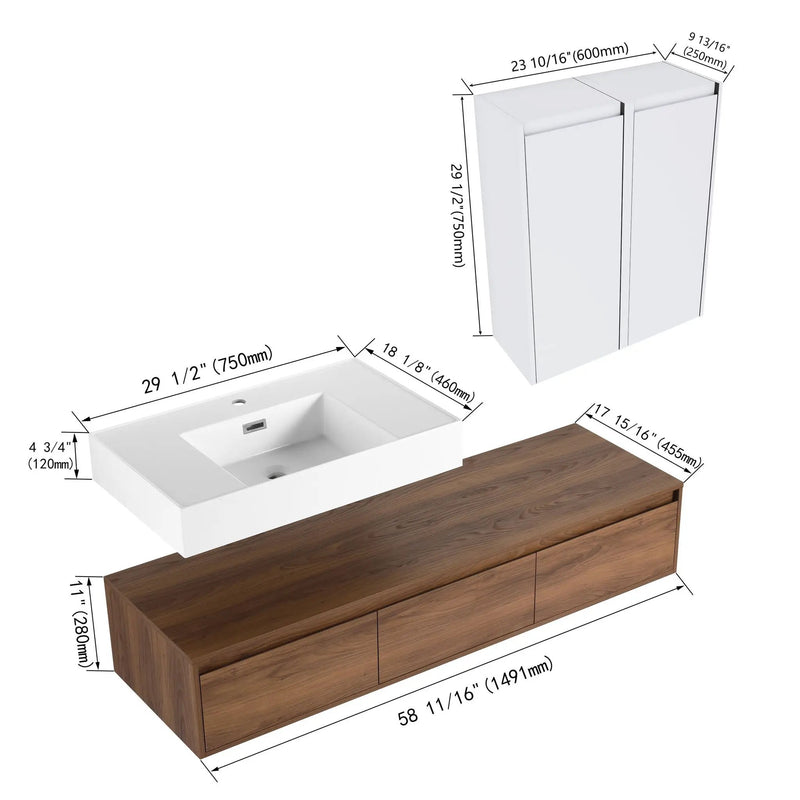 Wall Mounted Bathroom Vanity With Resin Sink And 2 Side Cabinet, 3 Soft Close Drawer - Brown Ebony by Unique Piece Furniture