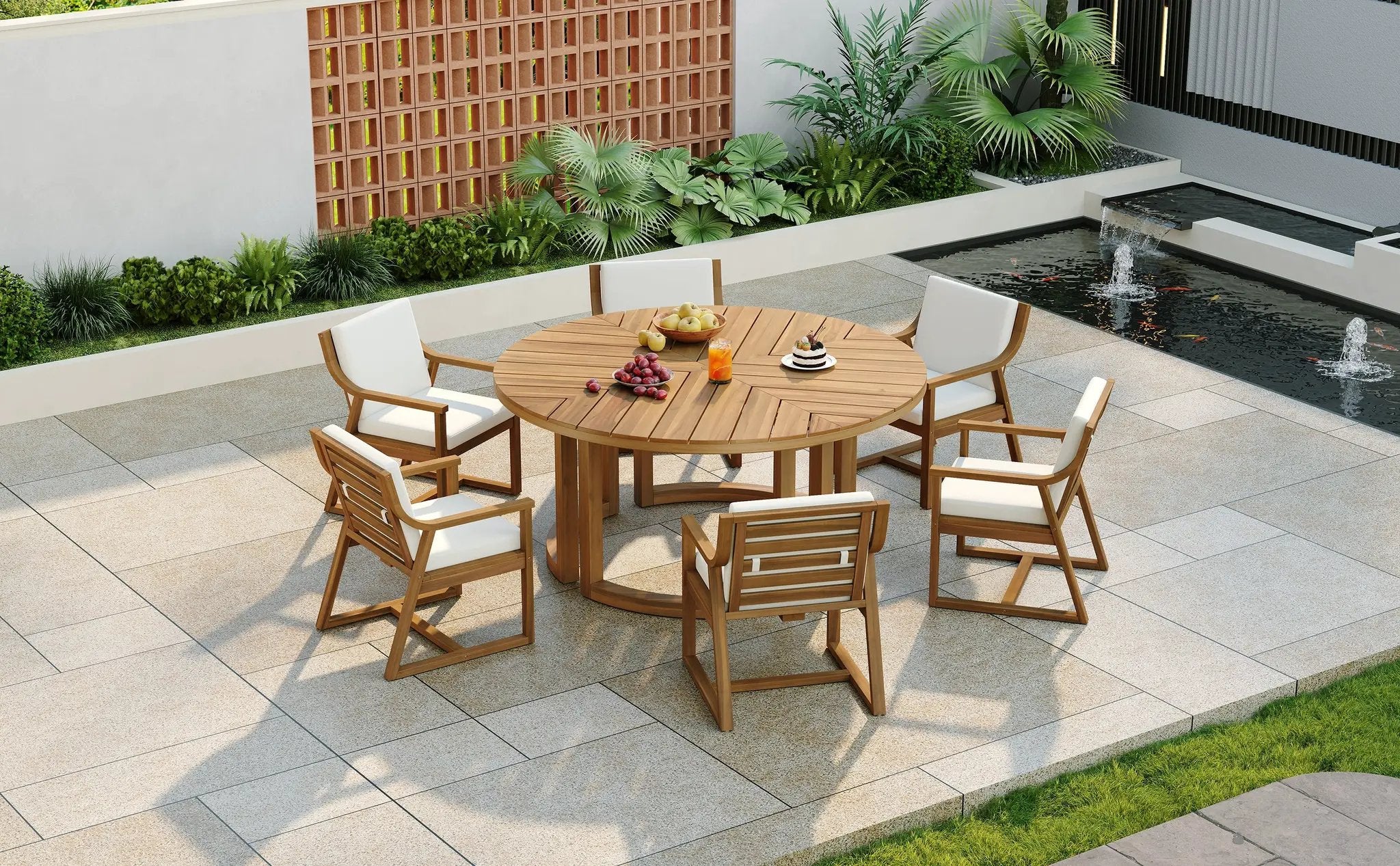 TREXM Patio Dining Table Set for 6, Round Dining Table with Cushions by HouseOfZazla