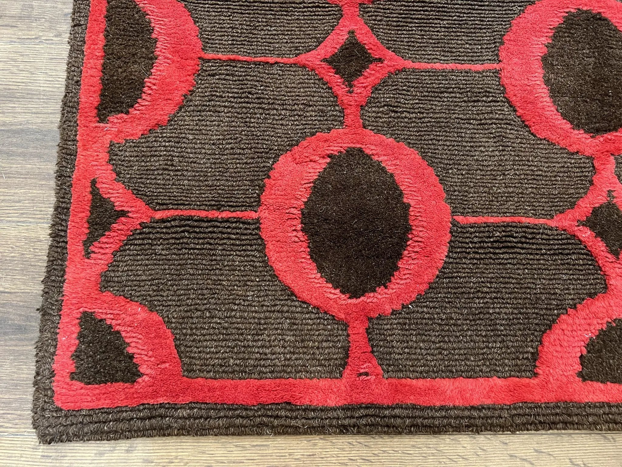 Modern Tibetan Rug 3.8 x 5.7, Raspberry Red and Dark Brown, Abstract Circle Design, Hand Knotted, Soft Wool Handmade Tibet Nepali Carpet 4x6 by Jewel Rugs
