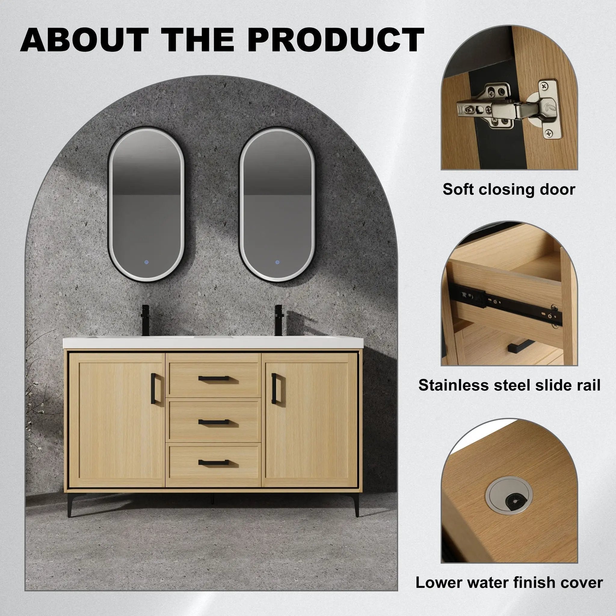Original 60" Freestanding Bathroom Vanity With Double Resin Sink Plywood Soft Closing Doors & Drawers - Oak by HouseOfZazla
