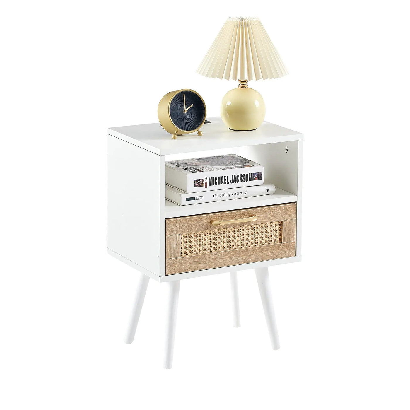 15.75" Rattan End Table With Power Outlet & USB Ports, Modern Nightstand With Drawer And Solid Wood Legs, Side Table For Living Room, Bedroom by Unique Piece Furniture