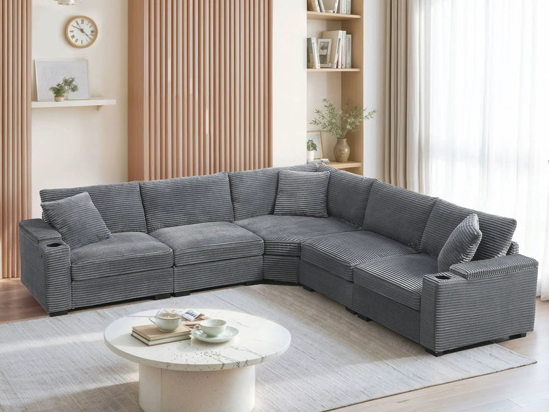 Convertible L Shaped Sectional Corner Couch With Armrest Storage Cup Holders USB Charger, Irregular Corner Oversized Comfy Modular Sofa by HouseOfZazla