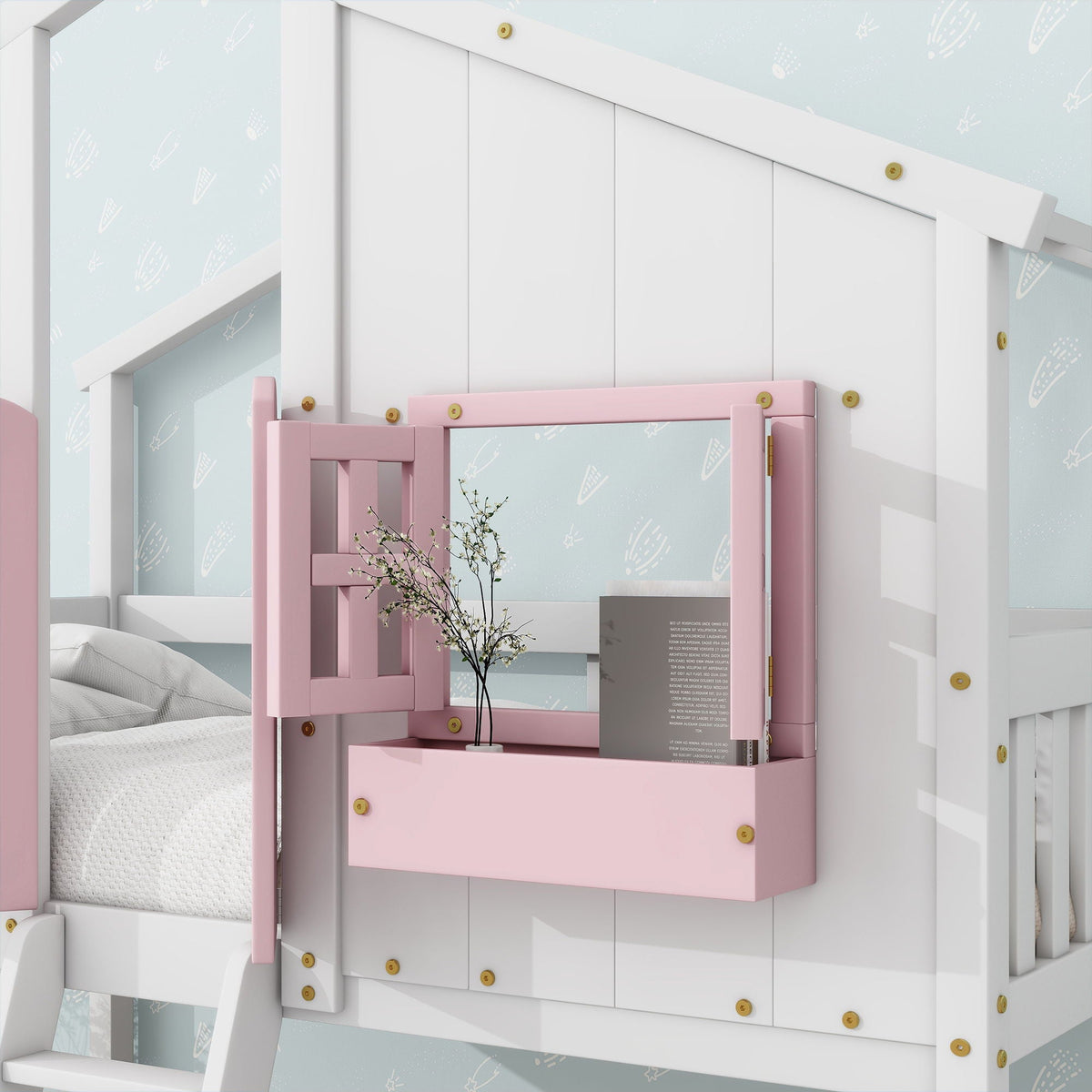 House Bunk Bed With Roof, Window, Window Box, Door, With Safety Guardrails And Ladder, photo 28 of 28