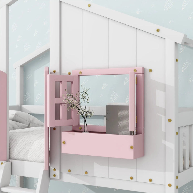 House Bunk Bed With Roof, Window, Window Box, Door, With Safety Guardrails And Ladder by HouseOfZazla