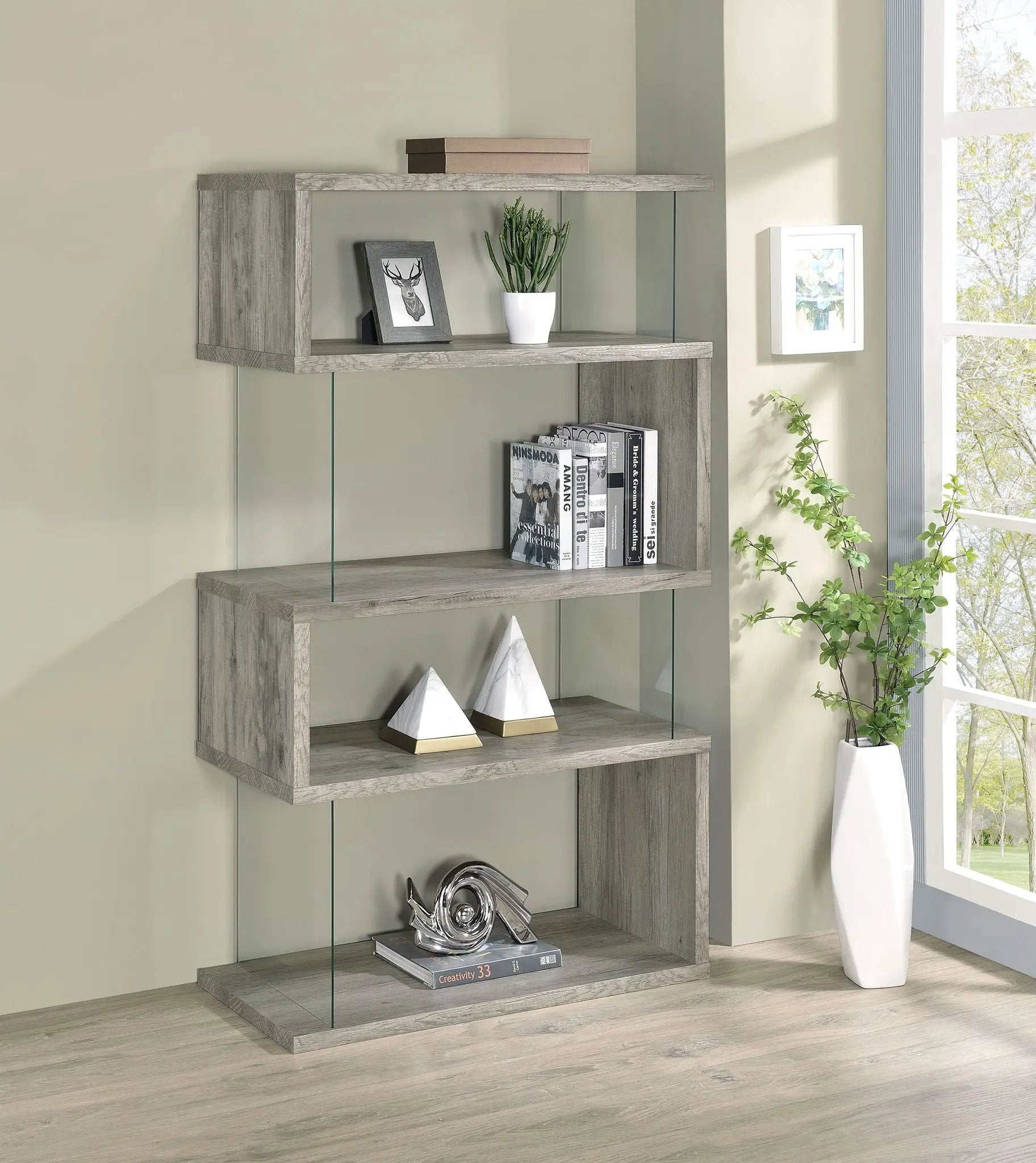 Emelle 63-inch 4-shelf Glass Panel Bookshelf Grey Driftwood by Unique Piece Furniture