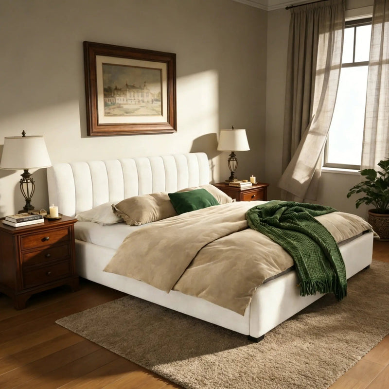 King Size Upholstered Bed Frame with Linen Blend Fabric by HouseOfZazla