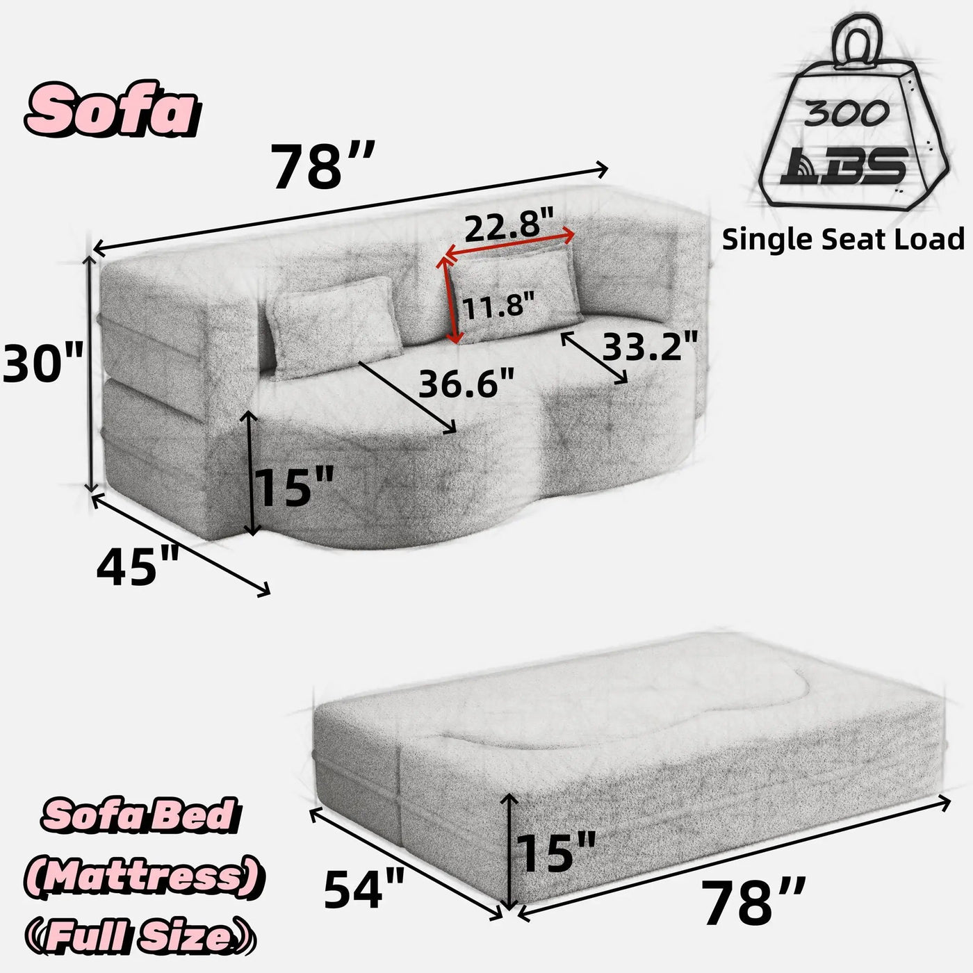 Modern Floor Sofa With Two Pillows Convertible Teddy Fabric Foam Filled Bed by HouseOfZazla